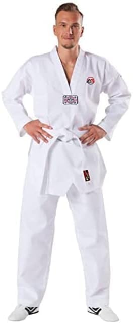 Athletics Gear - Kit de uniforme de taekwondo con cinturón, mezcla de algodón y poliéster, peso ligero, trajes de taekwondo para niños, hombres y mujeres, blanco, 6/190 cm