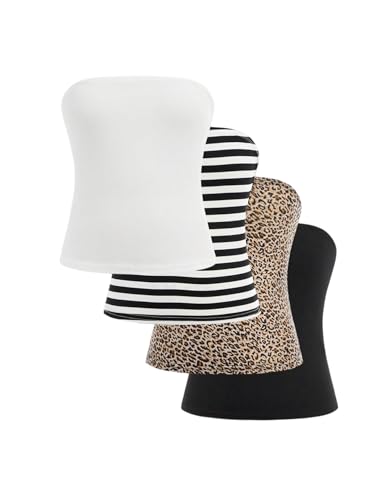 Milumia Girl's 4 Pack Printed Tube Top Strapless Slim Fitted Casual Bandeau Tops