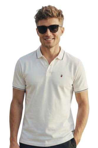 Image of Louis Philippe Men's Slim Fit Single-Tuck Pique Stylized Sleeve Print and Contrast Tipping Half Sleeve Solid Polo Tshirt