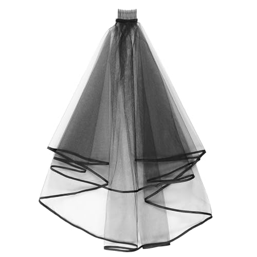Amaxiu Kurzer Hochzeits Brautschleier mit Kamm 2 stufiger Tüll Schwarz Halloween Brautschleier Ellbogenlänge Hochzeitsschleier Bandkante 6080 cm für Party Geburtstag Hochzeit Maskerade