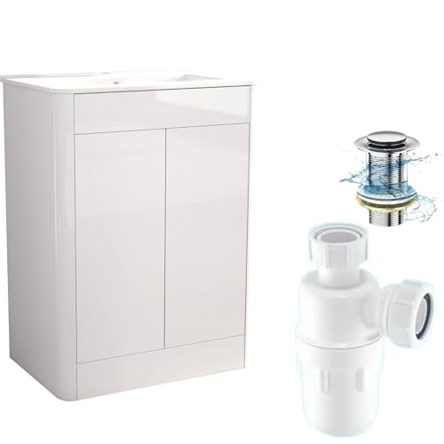 BELOFAY Vanity Unit with Basin | 600mm Floor Standing Bathroom Vanity Unit with Basin | High Gloss White | Push to Open Doors with 1 Tap Hole, Trap & Waste, Tap not included (Edison White)