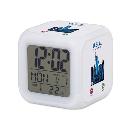 Fabulous Réveil Cube Lumineux Blanc - USA is Calling Me New York Architecture Travel - 7,8 x 7,8 x 7,8 cm - Retro Éclairage Multicolore LED