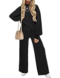 ZESICA Women's 2 Piece Outfits Sweater Set Long Sleeve Mock Neck Knit Pullover and Wide Leg Pants Lounge Sets Sweatsuit,Black,Medium