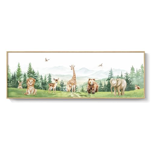 Image of Large Framed Woodland Nursery Canvas Wall Art, Jungle Themed Prints Paintings Decor for Walls, Forest Wild Animals Giraffe Deer Bear Elephant Lion Rabbit Pictures for Kids Boys Girls Room Wall Decor