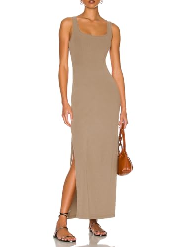 Image of Women Backless Bodycon Maxi Dress High Side Slit Twist Back Tank Dress | Criss Cross Twist Back Clubwear Scoop Neck Evening Party Dress Casual Vacation Beach Sundress Sleeveless Slit Prom Gown