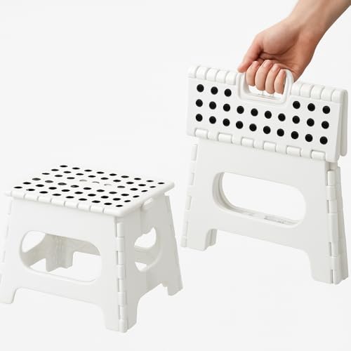 AMERTEER Folding Step Stool For Kids | Stepping Stool | 11 Inches Wide And 8 Inches Tall Foldable Step Stool Holds Up To 300 Lbs | Plastic Collapsible Step Stool For Bathroom Garden & Kitchen (White)