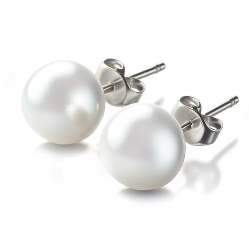 ISAAC WESTMAN Nickel Free Sterling Silver White Freshwater Cultured Pearl Stud Earrings, Hypoallergenic Earrings with Genuine Cultured Pearls, Flat Back Button Pearl Earrings (6 mm)