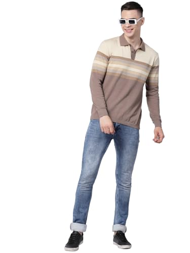 Image of Kalt Men Full Sleeves Striped Polo Neck Cotton Elasthane Knit T-Shirt