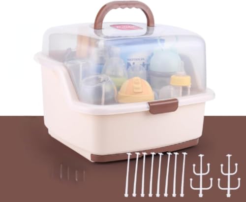 哺乳瓶乾燥ラック カバー付き 哺乳用品収納ケース 水切り 防塵 大容量 取り外し可 (ブラウン)