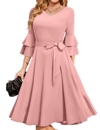 Image of DRESSTELLS Women's Cocktail Dress Summer Wedding Guest Party Vintage 3 /4 Bell Sleeve V Neck A-Line Dress