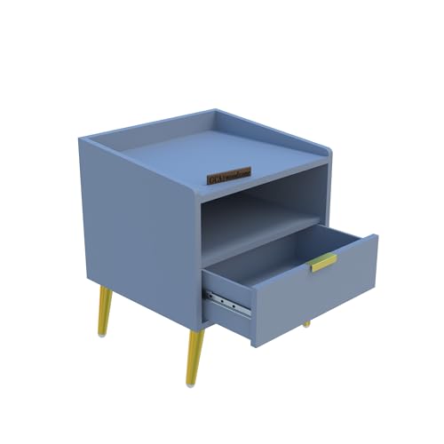 Image of Wooden Bedside Table for Bedroom | Wooden Bed Side Nightstand Lamp Table with 1 Drawers & Open Shelf Storage for Home & Hotels | HDMR Wood & Iron Legs, Matte Slate Blue | Pack of 2