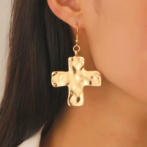 Chunky Gold Big Hammered Cross Drop Dangle Earrings for Women Trendy, Bold Thick Large Silver Cross Hook Earrings Dainty Vintage Faith Chain Jewelry3