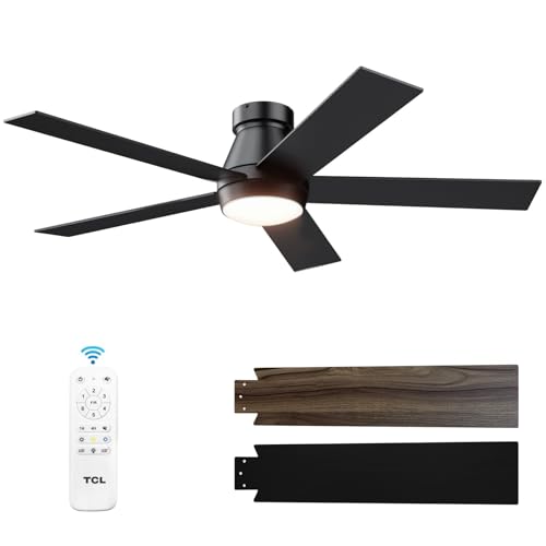 TCL 52' Ceiling Fan with Lights, Black Flush Mount Ceiling Fans with Remote Control, 6 Speeds DC...