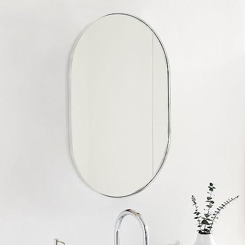 Image of TEHOME Brushed Nickel 20x30'' Oval Mirror Brushed Silver Capsule Pill Shaped Bathroom Vanity Mirror 30 x 20 inch Oblong Metal Framed Mirror in Stainless Steel