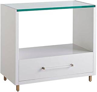 MAKLAINE Wood Transitional Nightstand with Glass Top in White