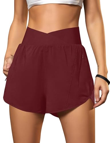 Blooming Jelly Womens Workout Shorts Athletic Running Elastic High Waisted Black Gym Yoga Shorts with Zipper Pockets (Wine Red Medium)