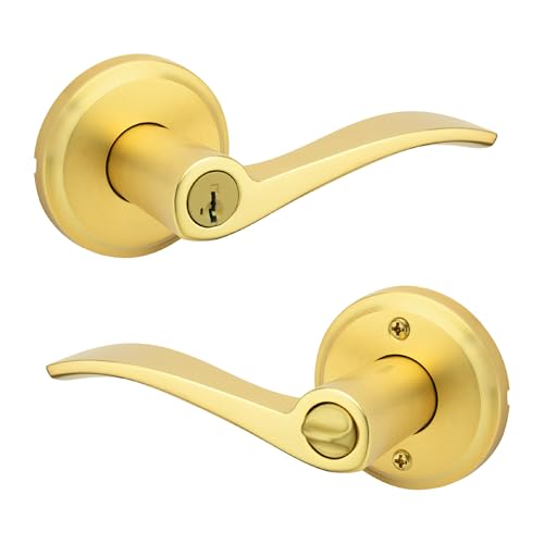 Image of Kwikset Sedona Entry Door Handle with Lock and Key, Secure Keyed Reversible Lever Exterior, for Front Entrance and Bedrooms, Satin Brass, Pick Resistant Smartkey Rekey Security and Microban