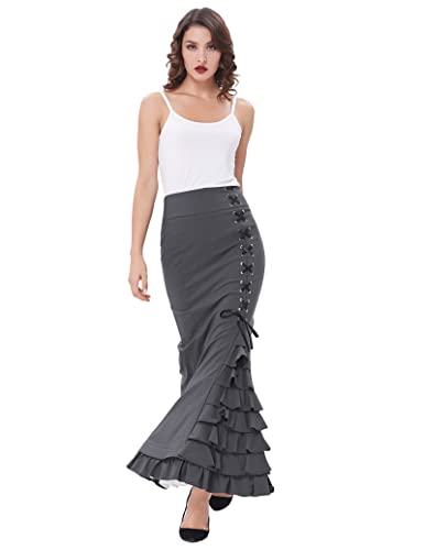 Victorian Gothic Steampunk Mermaid Skirt High Waist Long Renaissance Maxi Skirt Size S Dark Grey #TOP6