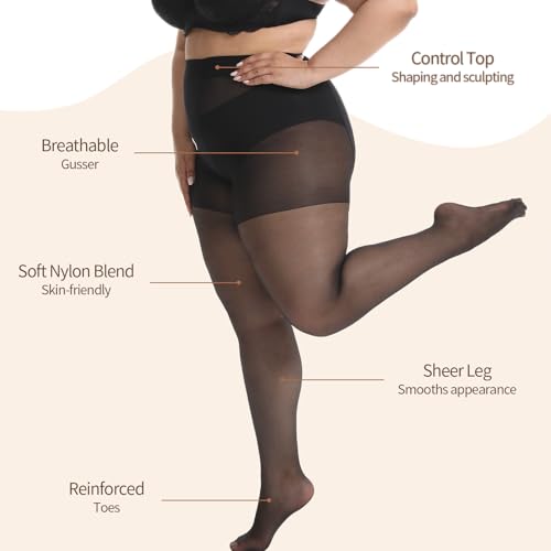 Plus Size Sheer Pantyhose - Ultra Comfy Plus Size Tights, 2 Pack 15D Control Top Pantyhose for Women3