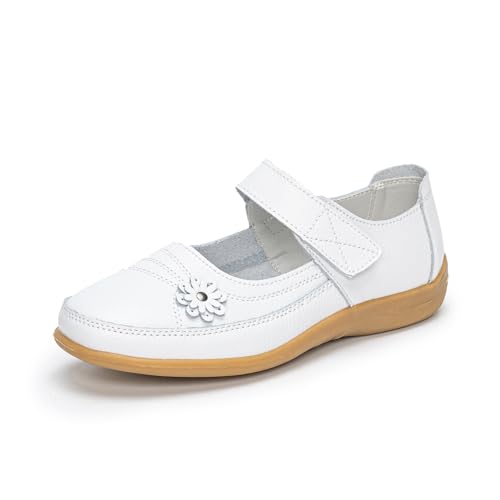 Rusffes Womens Leather Mary Jane Shoes Ladies Wide Fit Flat Shoes Casual Work Office Nurse Shoes White 7uk