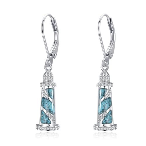 Lighthouse Earrings for Women Sterling Silver Turquoise Lighthouse Dangle Drop Earring Birthday Jewelry Gift for Lover