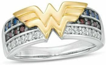 Women's Wonder Woman Shape Engagement, Wedding Round Shape VVS1/D Diamond, Blue Sapphire, Red Garnet Ring White & Yellow (Two tone) Gold Finish