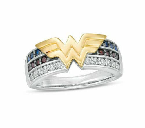 Women's Wonder Woman Shape Engagement, Wedding Round Shape VVS1/D Diamond, Blue Sapphire, Red Garnet Ring White & Yellow (Two tone) Gold Finish