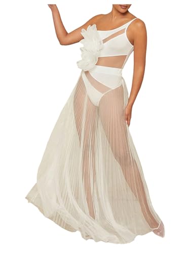 Verdusa Women's Mesh Sheer Lightweight Maxi Skirt A Line High Waist Flare Flowy Skirts