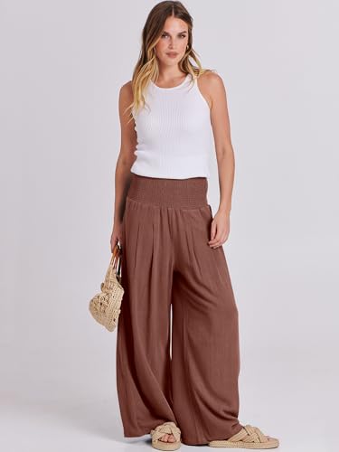 Image of ANRABESS Women Linen Palazzo Pants Summer Boho Wide Leg High Waist Casual Lounge Pant 2026 Beach Travel Vacation Outfits