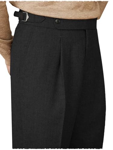 Men Vintage Slim Fit Wool Tweed Pants Herringbone Pleated Suit Trousers