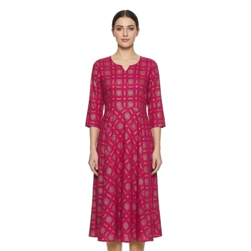Image of Women's Pink Floral Printed Midi Dress, 3 /4 Sleeves, Notch Neck, A-Line Fit and Flare