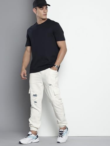 Image of The Indian Garage Co Men Regular Fit Solid Mid-Rise Stretchable Denim Cargo Joggers