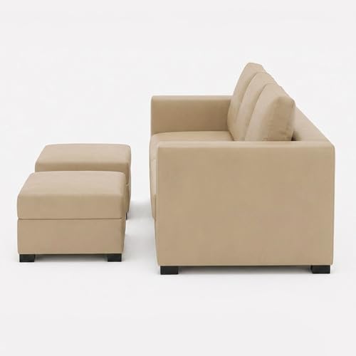 Image of FURNY Revona 5 Seater L Shape Sofa Set with 2 Movable Ottoman | Flexible Left or Right Layout | Plush Velvet Fabric (Beige) | Perfect for Living Room, Guest Room & Office