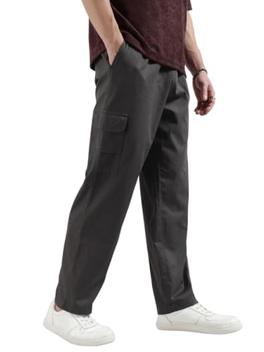 Image of Veirdo Pure Cotton Baggy Fit Regular Length Mid Rise 4 Pocket Cargos for Men (Colors: Black, Olive, Grey, Brown & Navy)