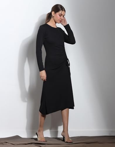 Image of Selvia Women's Black Ribbed Lycra Ruched Side Long Sleeve Dress