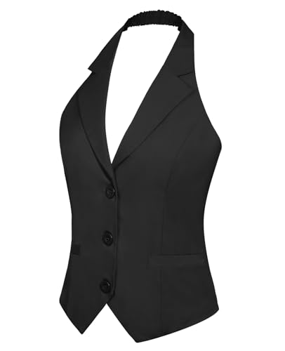 MINTLIMIT Womens Vintage Waistcoat Vest Halter Neck Button Front Dressy Crop Vests with Pockets (Black, Size 2XL)2