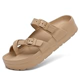 SOSOWHLTE Brown Sandals Women Double Buckle Adjustable Flat Sandals Arch Support & Ultra Cushion Platform Slides Shoes Size 10-10.5