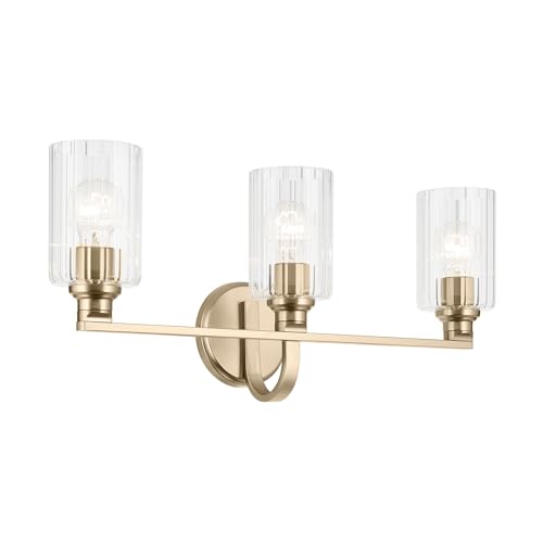Image of Kichler Gioe 24.25 inch 3-Light Bathroom Vanity Light Fixture with Clear Fluted Glass in Champagne Bronze, Damp Rated for Mirror, Powder Room (24.25 inch W x 10.5 inch H), 55226CPZFLU