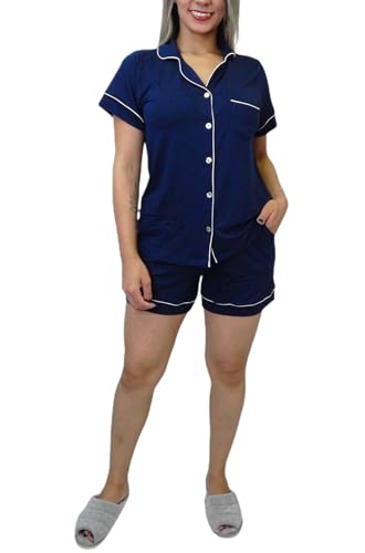 Pijama Feminino Americano em Viscolycra (BR, Numérico, 46, Regular, Regular, MARINHO)