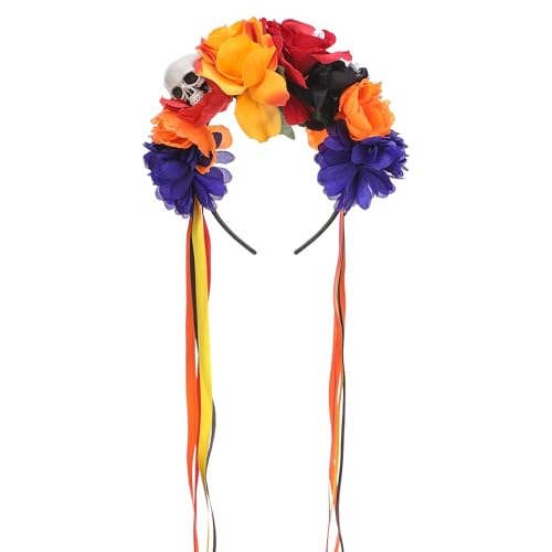 KorViSHOW Mexican Rose Flower Crown Headband, Death of the Day Floral Headband with Colorful Ribbon, Halloween Skeleton Flower Headpiece for Dia De Los Muertos Costume Fiesta Party Hair Accessories