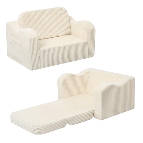 MeMoreCool Kids Couch, 2-in-1 Corduroy Fold Out Chair, Washable Foam, Beige