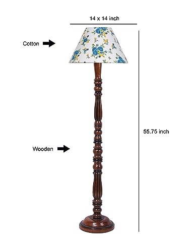 Image of Floor Lamp with Wooden Base - Height 55 inch, Blue Floral | Modern Standing Lamp for Living Room, Bedroom & Office | Stylish & Elegant Home Lighting Decor | Decorative Lamp