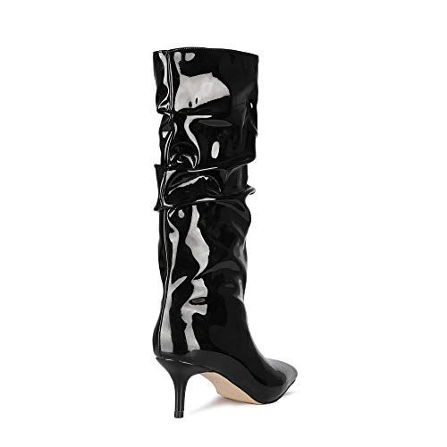 LEMUTISME Women's Stylish Pointed Toe Patent/Matte Leather 2.5IN Slouchy Folding Craft Low Kitten Heel Dress Mid Calf Boots3