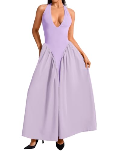 Image of ChiaoLezhee Deep V Neck Dress, Halter Maxi Dresses, Vacation Date Night, Sexy for Women Corset Flowy Wedding Guest Drop Waist