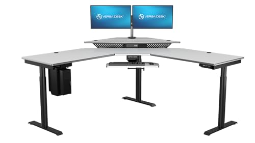 Image of VERSADESK 72 inch x 72 inch Electric L-Shaped Corner Standing Desk, Commercial Grade Height Adjustable Sit Stand Workstation, Ergonomic Computer Desk for Home Office, Black Frame, White Surface