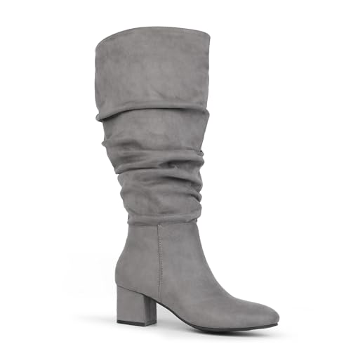 Chicblooms Damen-Stiefel mit extra weiter Wade, lässige Wildlederstiefel mit Blockabsatz, Grey Wildleder, EU 40