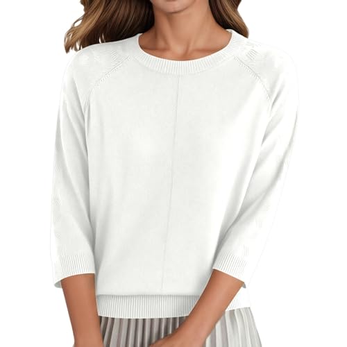Generisch Casual women's knitted jumper with crew neck, three-quarter sleeves, soft material for optimal comfort, White, L