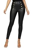 STAR FASHION Women’s PU Leggings High Waist Wet Look Faux Leather Skinny Pants with Gold Side Button Detail Stretchy Shiny Black Clubwear Trousers 8-10
