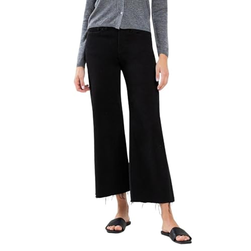 Women's High-Rise Raw Hem Cropped Wide Leg Jeans in Jet Black