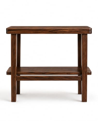 Image of Solid Sheesham Wood Side Table with Storage Shelf, Modern End Table for Living Room & Bedroom, Walnut Finish